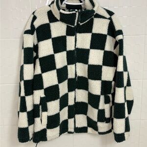 Women’s Silver Jeans Checkerboard Sherpa Zip Jacket - Green & Cream - sz XL